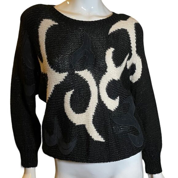 Vintage Ginenne 80s Abstract Angora Sweater Medium Black White - Picture 5 of 11